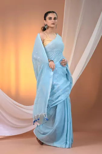 Sky blue cotton handspun soft saree with sequined work