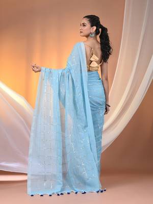 Sky blue cotton handspun soft saree with sequined work 3