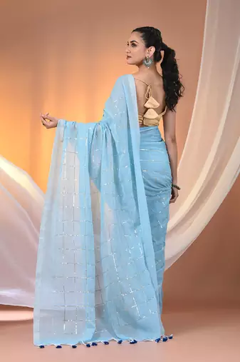 Sky blue cotton handspun soft saree with sequined work