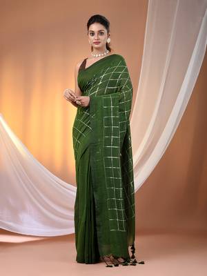 Green cotton handspun soft saree with sequined work 1