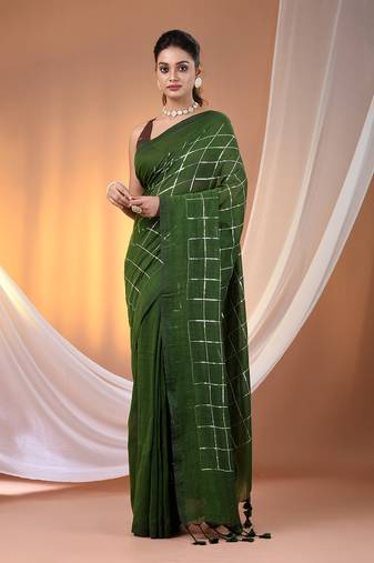 Green cotton handspun soft saree with sequined work