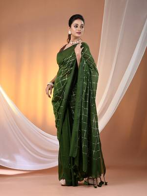 Green cotton handspun soft saree with sequined work 2