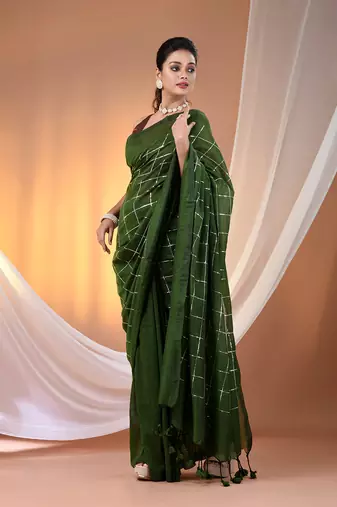 Green cotton handspun soft saree with sequined work