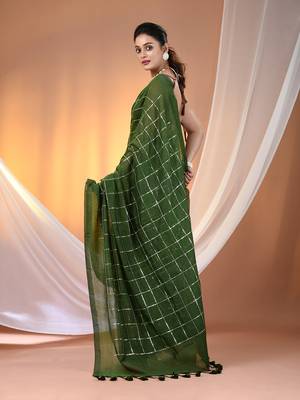 Green cotton handspun soft saree with sequined work 3