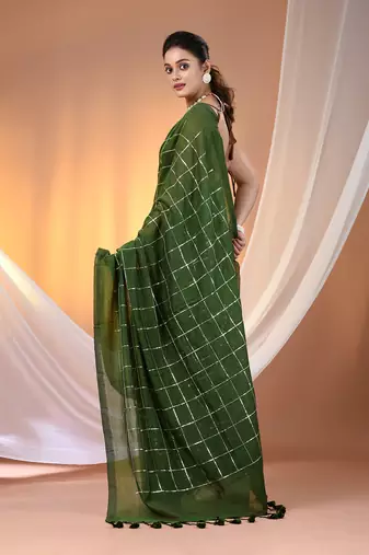 Green cotton handspun soft saree with sequined work