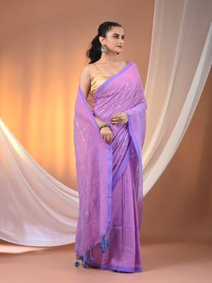 Violet cotton handspun soft saree with sequined work 2