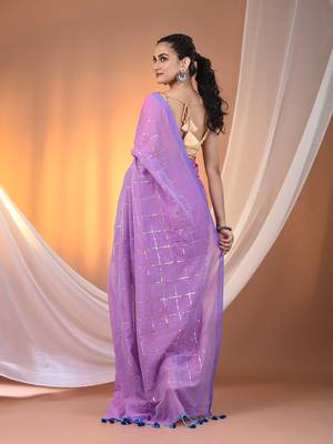 Violet cotton handspun soft saree with sequined work 3
