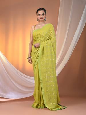 Parrot green cotton handspun soft saree with sequined work 1