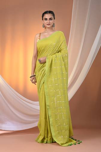 Parrot green cotton handspun soft saree with sequined work