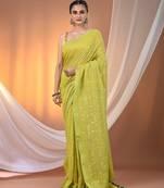 Parrot green cotton handspun soft saree with sequined work