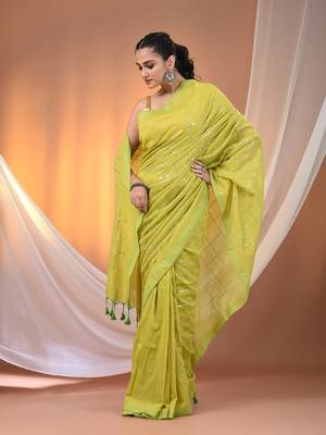 Parrot green cotton handspun soft saree with sequined work 2