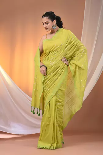 Parrot green cotton handspun soft saree with sequined work
