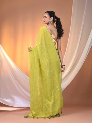 Parrot green cotton handspun soft saree with sequined work 3
