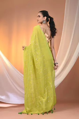 Parrot green cotton handspun soft saree with sequined work