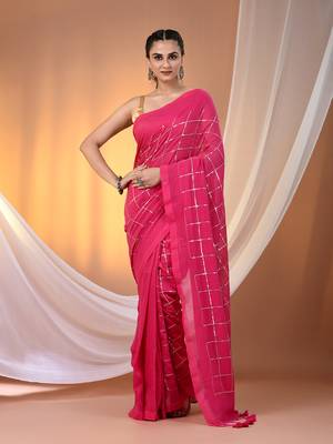 Pink cotton handspun soft saree with sequined work 1
