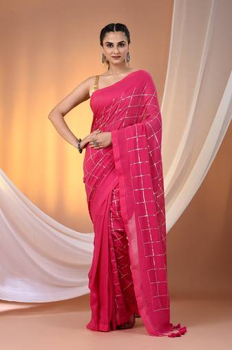 Pink cotton handspun soft saree with sequined work