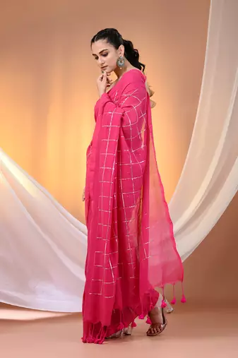 Pink cotton handspun soft saree with sequined work