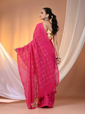 Pink cotton handspun soft saree with sequined work 3