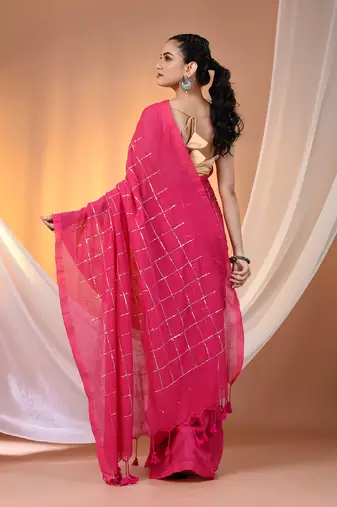 Pink cotton handspun soft saree with sequined work