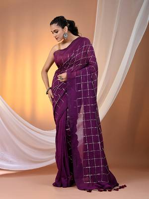 Purple cotton handspun soft saree with sequined work 1