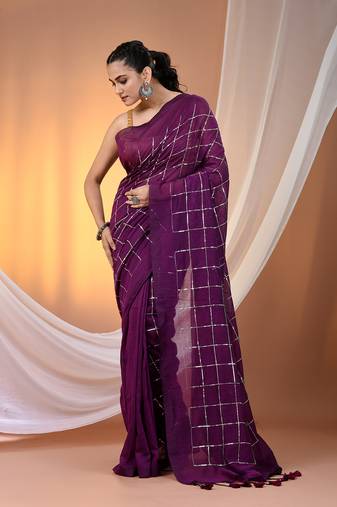 Purple cotton handspun soft saree with sequined work