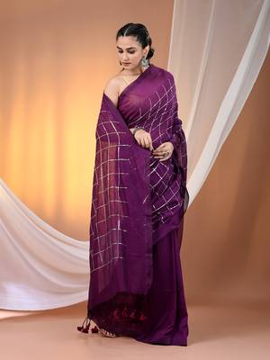 Purple cotton handspun soft saree with sequined work 2