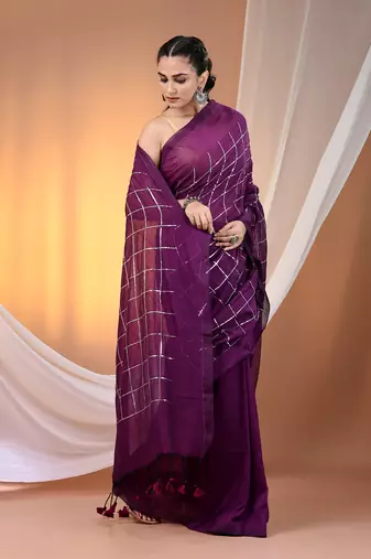 Purple cotton handspun soft saree with sequined work