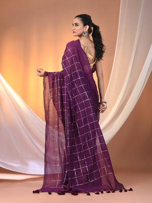 Purple cotton handspun soft saree with sequined work 3