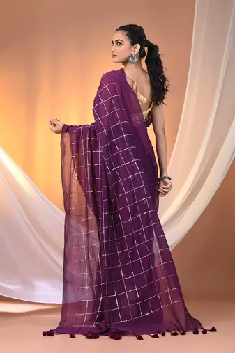 Purple cotton handspun soft saree with sequined work