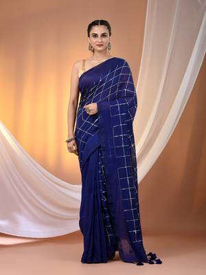 Blue cotton handspun soft saree with sequined work 1