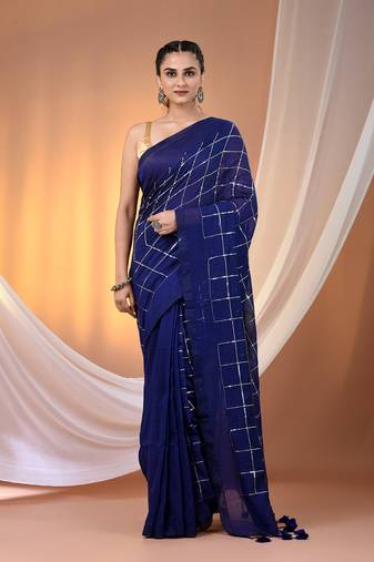 Blue cotton handspun soft saree with sequined work