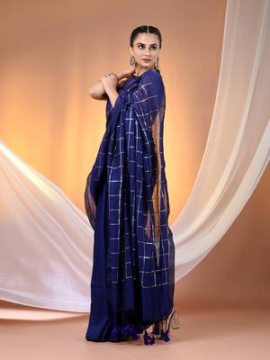 Blue cotton handspun soft saree with sequined work 2