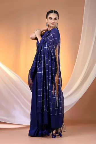 Blue cotton handspun soft saree with sequined work