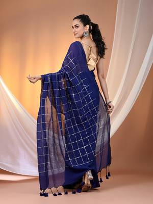 Blue cotton handspun soft saree with sequined work 3