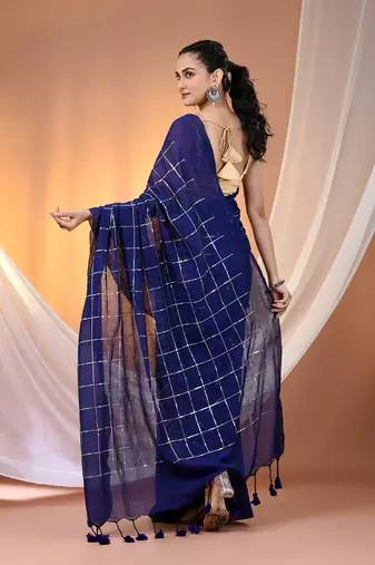 Blue cotton handspun soft saree with sequined work