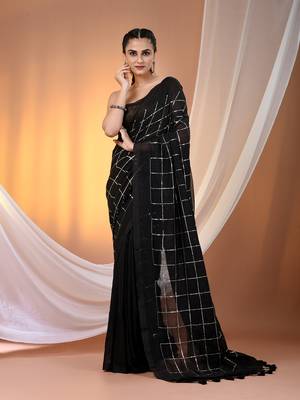 Black cotton handspun soft saree with sequined work 1