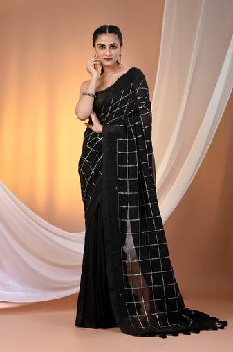 Black cotton handspun soft saree with sequined work