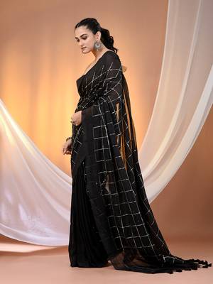 Black cotton handspun soft saree with sequined work 2