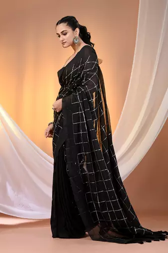 Black cotton handspun soft saree with sequined work