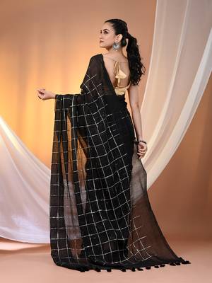 Black cotton handspun soft saree with sequined work 3
