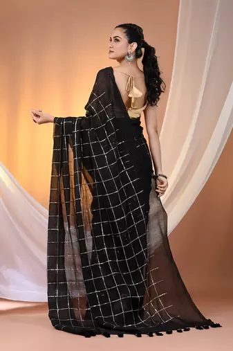 Black cotton handspun soft saree with sequined work
