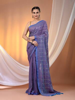 Blue cotton handspun soft saree with sequined work 1