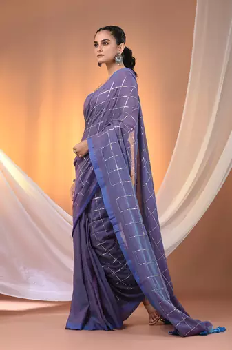 Blue cotton handspun soft saree with sequined work