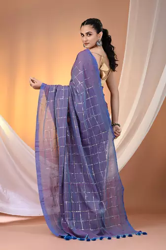 Blue cotton handspun soft saree with sequined work