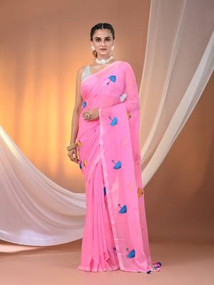 All over thread embroidery pink mulmul cotton saree Without blouse 1