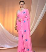 All over thread embroidery pink mulmul cotton saree Without blouse