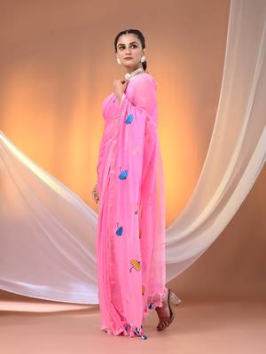 All over thread embroidery pink mulmul cotton saree Without blouse 2