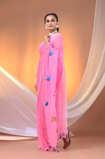 All over thread embroidery pink mulmul cotton saree Without blouse