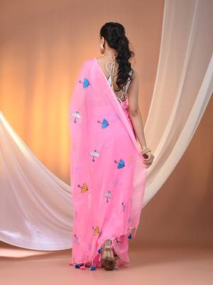 All over thread embroidery pink mulmul cotton saree Without blouse 3