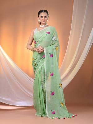 All over thread embroidery light green mulmul cotton saree Without blouse 1